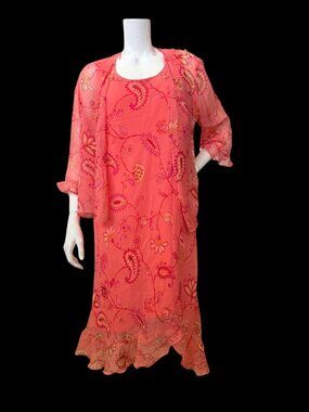 Coral Floral Sheer Midi Dress w/ Matching Shawl – Flowy Elegant Preowned
